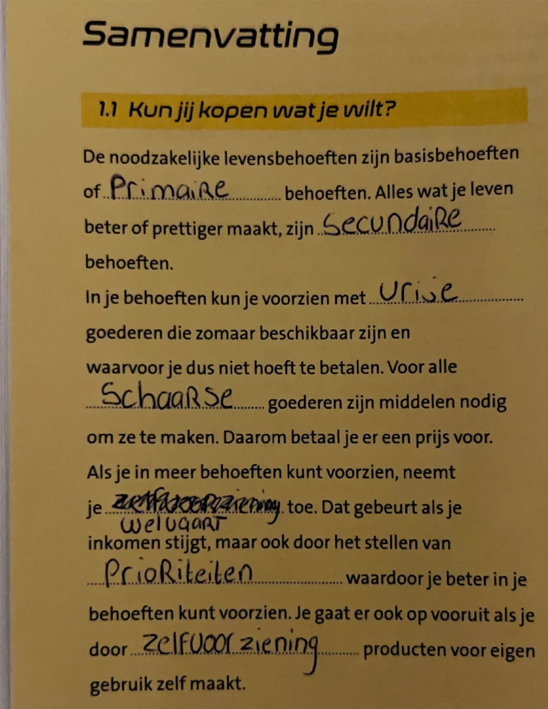 # Samenvatting

1.1 Kun jij kopen wat je wilt?

De noodzakelijke levensbehoeften zijn basisbehoeften
of Primaire behoeften. Alles wat je lev