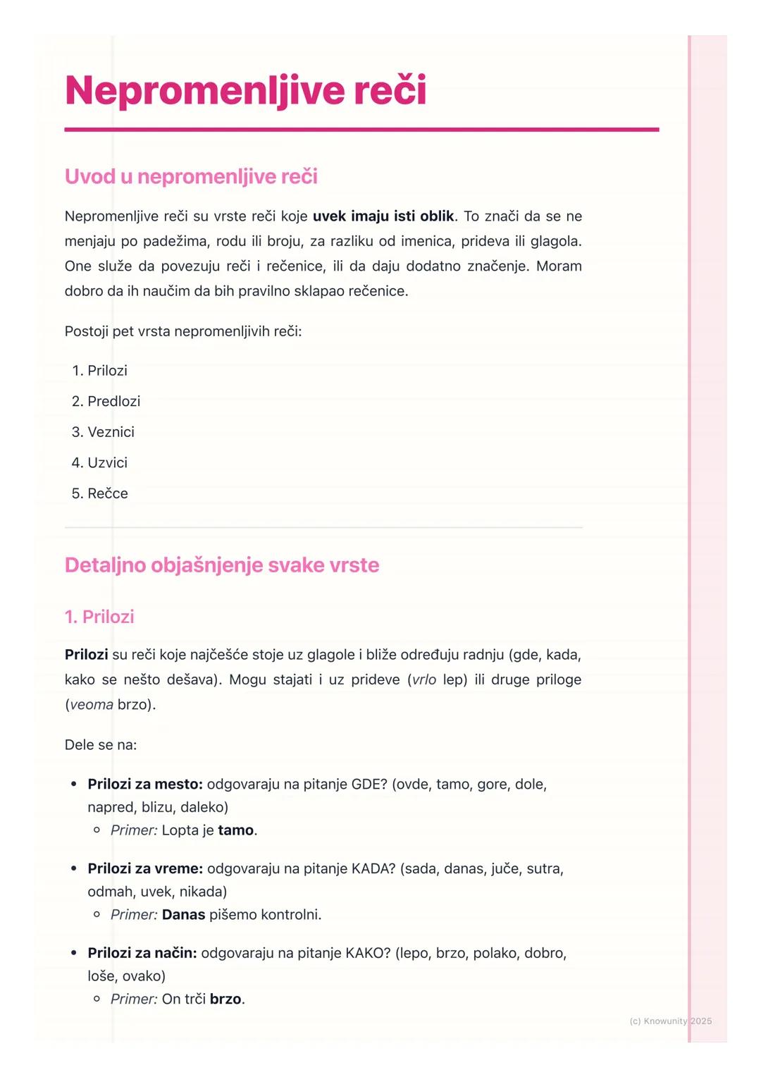 # Nepromenljive reči

Uvod u nepromenljive reči

Nepromenljive reči su vrste reči koje uvek imaju isti oblik. To znači da se ne
menjaju po p