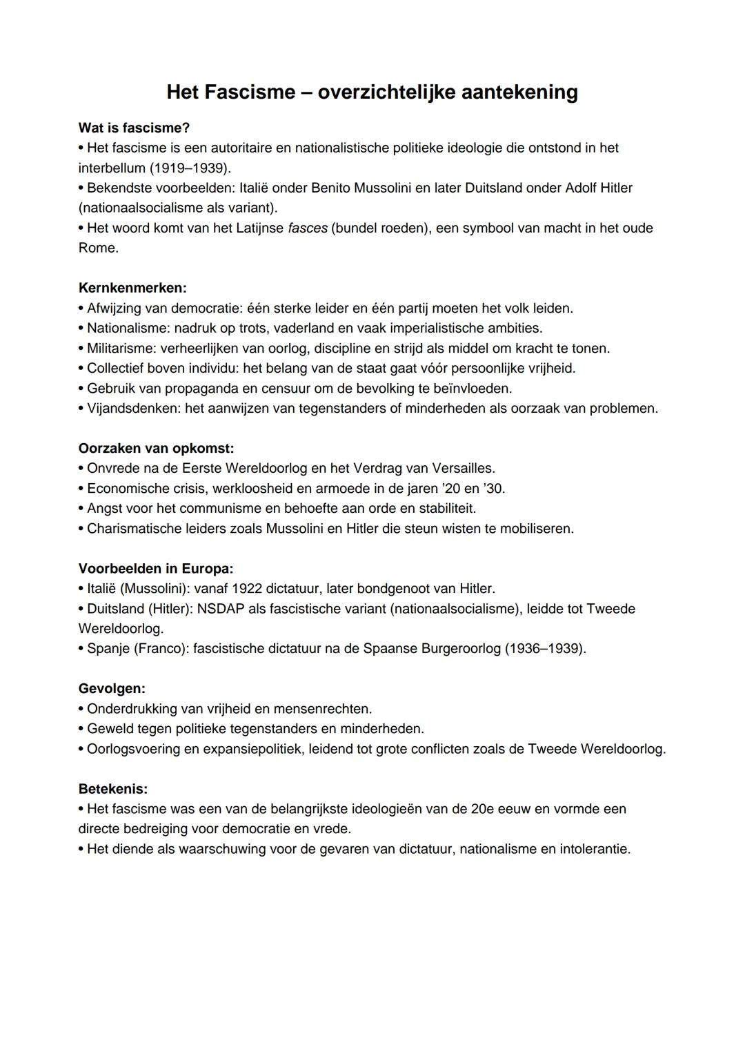 # Het Fascisme - overzichtelijke aantekening

Wat is fascisme?

*   Het fascisme is een autoritaire en nationalistische politieke ideologie 