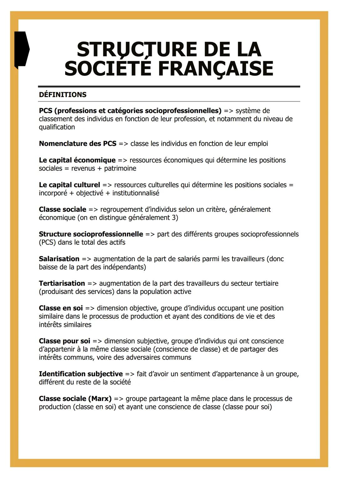 # STRUCTURE DE LA
# SOCIETE FRANÇAISE

## DÉFINITIONS

PCS (professions et catégories socioprofessionnelles) => système de
classement des in
