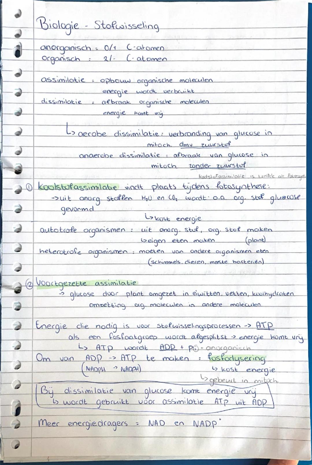 Biologie - Stofwisseling
anorganisch : 0/1 C-atomen
organisch : 2/1+ C-atomen
Assimilatie : opbouw organische moleculen
energie wordt gebrui