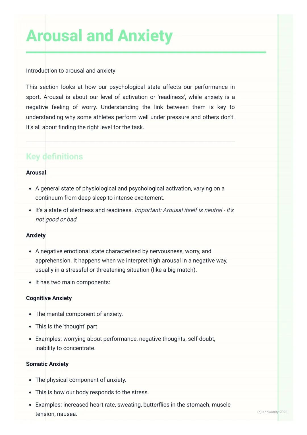 # Arousal and Anxiety

Introduction to arousal and anxiety

This section looks at how our psychological state affects our performance in
spo