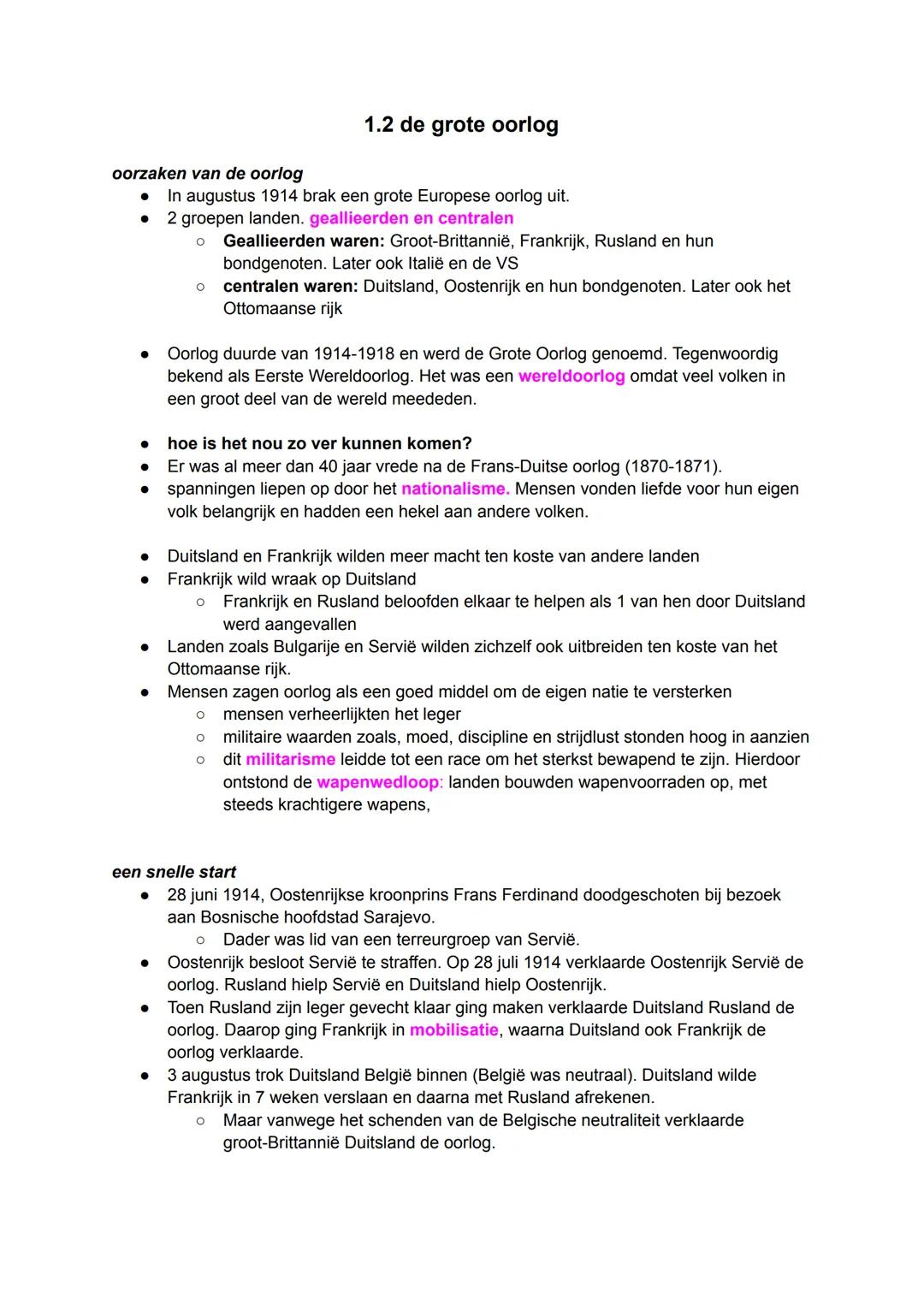 # 1.2 de grote oorlog

oorzaken van de oorlog

*   In augustus 1914 brak een grote Europese oorlog uit.
*   2 groepen landen. geallieerden e