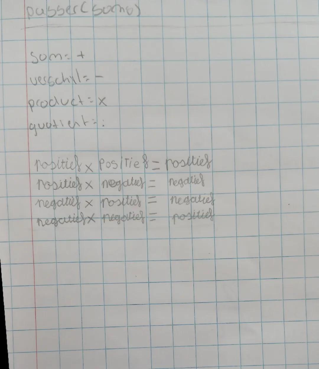 ```
passer(some)

som=+ 
verschil=- 
product=x 
quotient=:

posities x posities = posities
posities x negaties = negaties
negatief x positie