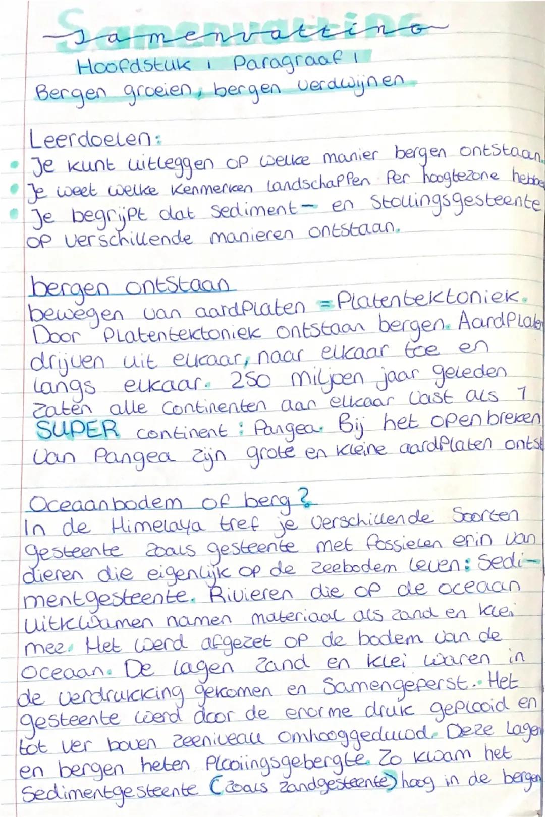 # Samenvatting

Hoofdstuk 1 Paragraaf 1

Bergen groeien, bergen verdwijnen.

Leerdoelen:

*   Je kunt uitleggen op welke manier bergen ontst