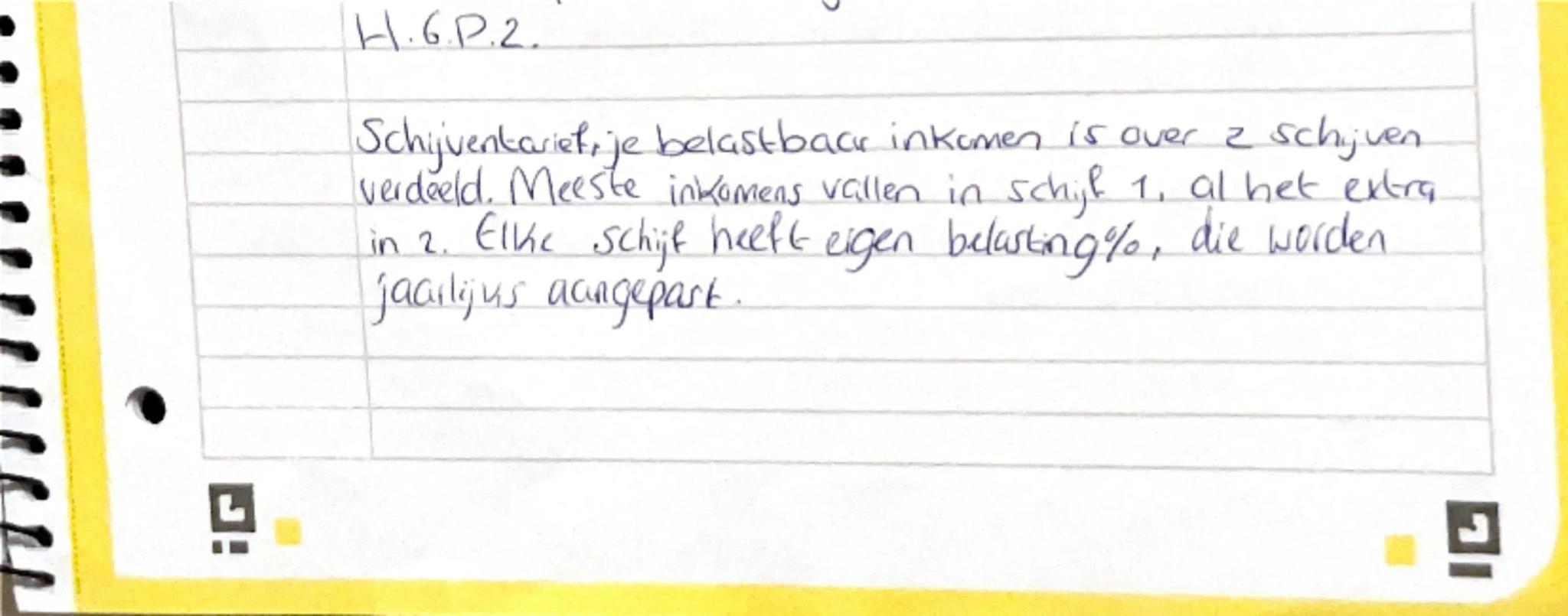 H.6.P.2.
Schijventarief, je belastbaar inkomen is over 2 schijven
verdeeld. Meeste inkomens vallen in schijf 1, al het extra
in 2. Elke schi