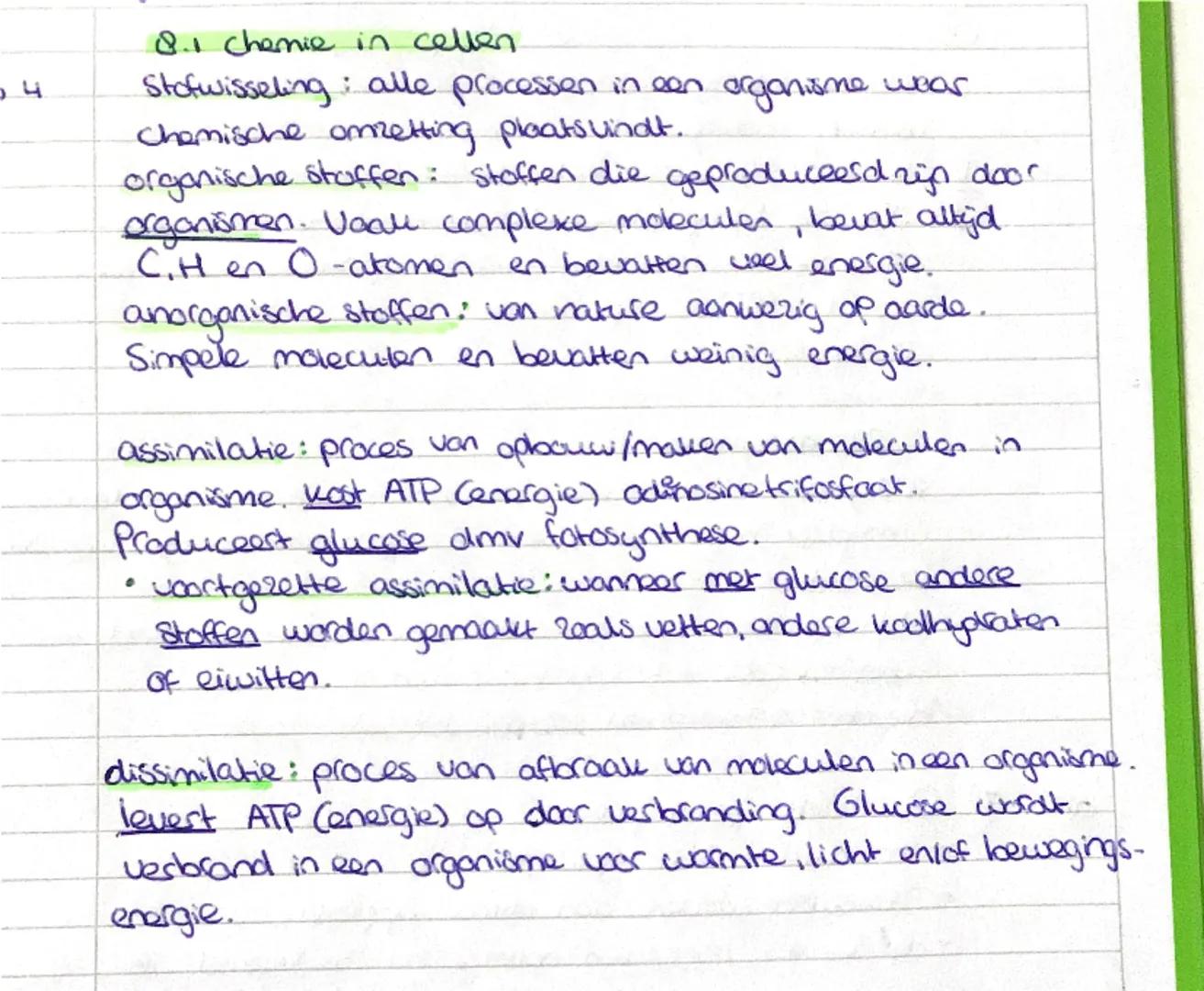 4
8.1 Chemie in cellen
Stofwisseling: alle processen in een organisme waar
Chemische omzetting plaatsvindt.
organische stoffen: stoffen die 