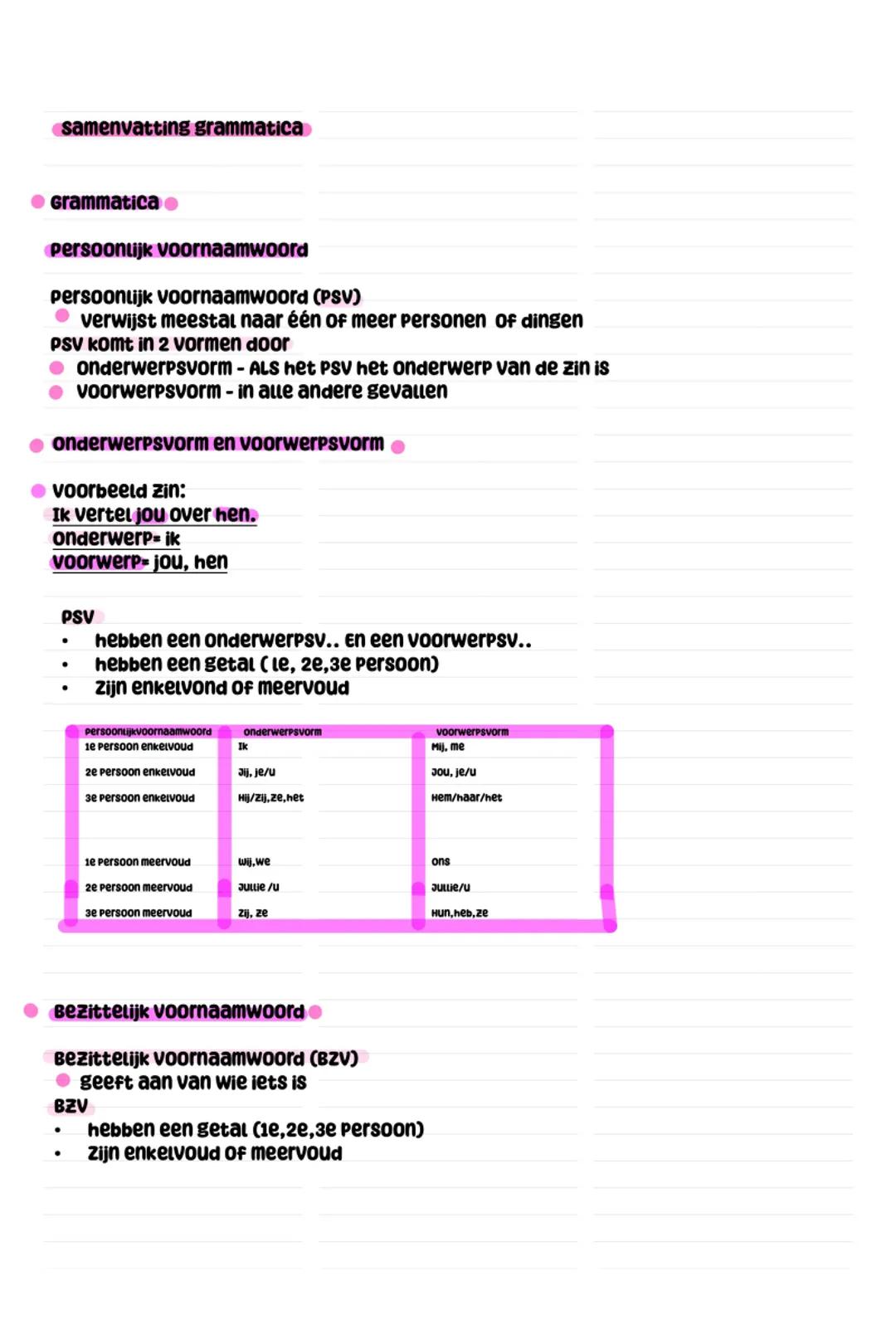 samenvatting grammatica
• Grammatica
Persoonlijk Voornaamwoord
persoonlijk voornaamwoord (PSV)
• verwijst meestal naar één of meer personen