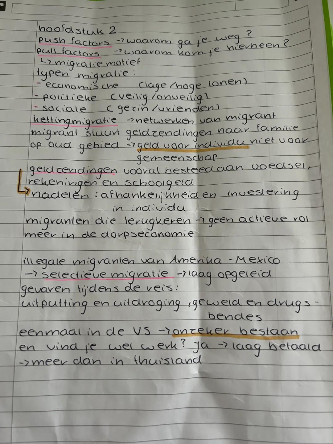 hoofdstuk 2
push factors ->waarom ga je weg?
pull factors ->waarom kom je hierheen?
↳ migratie motief
typen migratie:
- economische (lage/ho