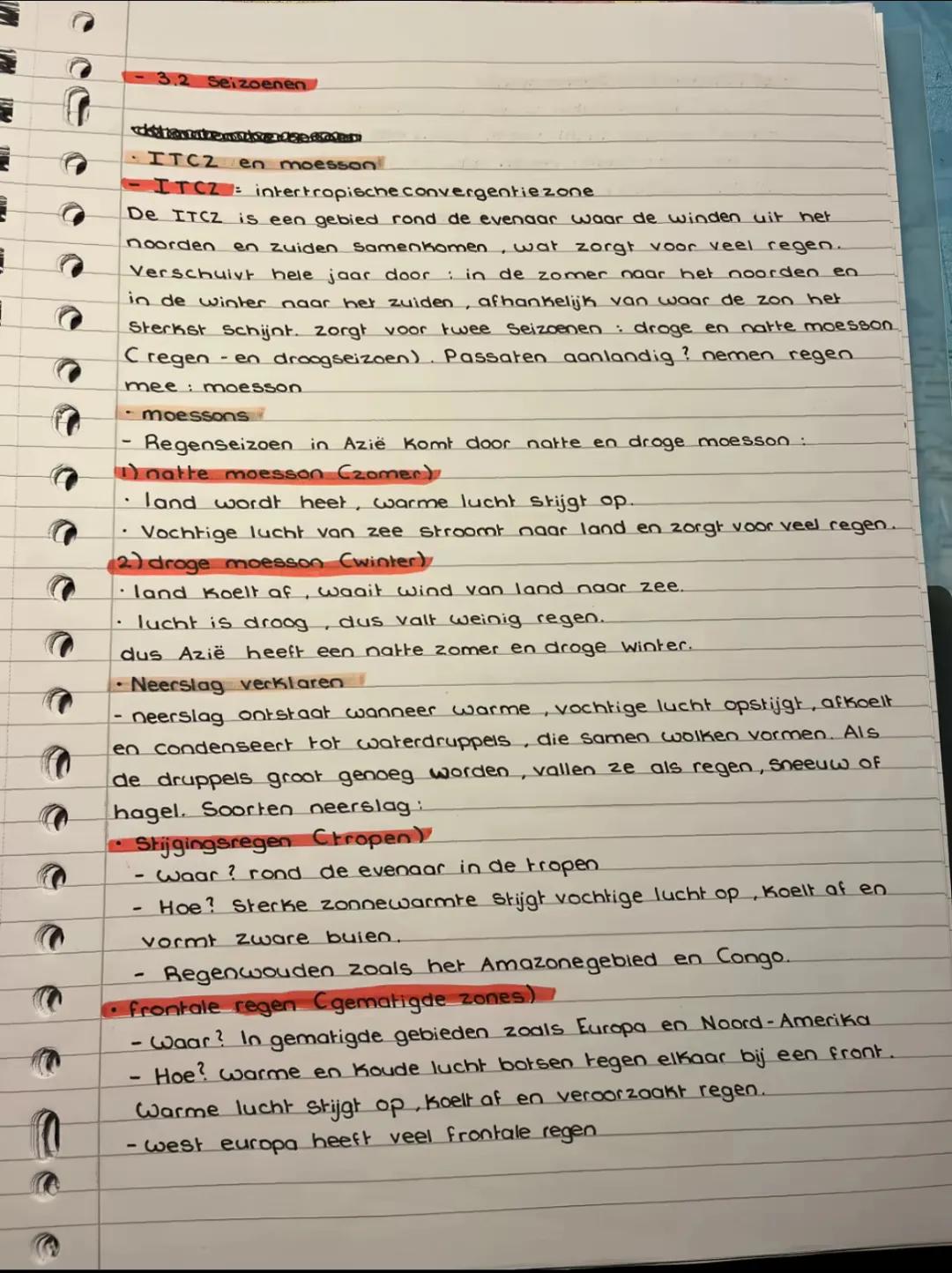-3.2 Seizoenen
ITCZ en moesson
ITCZ intertropische convergentie zone
De ITCZ is een gebied rond de evenaar waar de winden uit het
noorden en