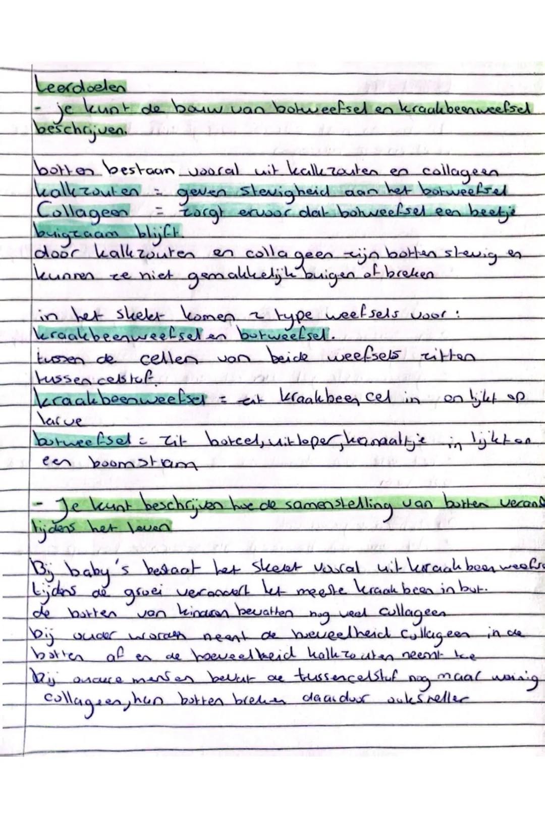 Leerdoelen
- je kunt de bouw van botweefsel en kraakbeenweefsel
beschrijven.
botten bestaan vooral uit kalkzouten en collageen
kalkzouten =