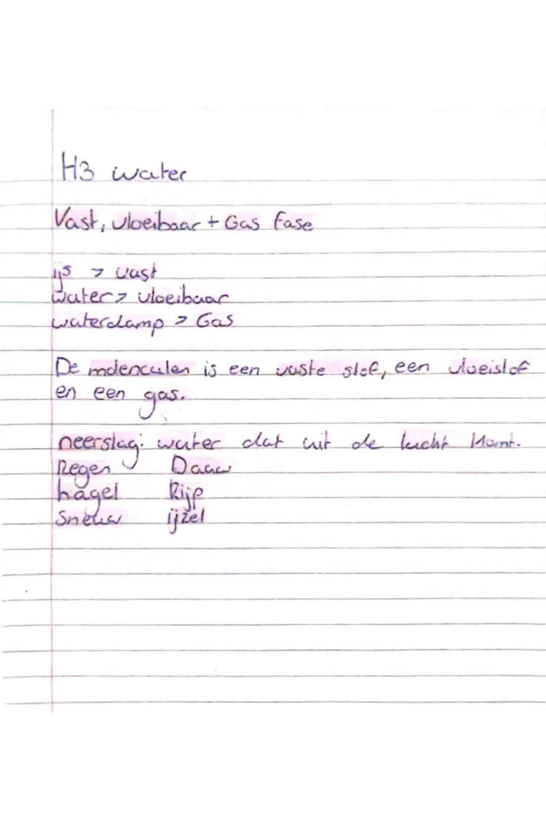 H3 water
Vast, Vloeibaar + Gas fase
ijs > vast
water > vloeibaar
waterdamp > Gas
De moleculen is een vaste stof, een vloeistof
en een gas.
n