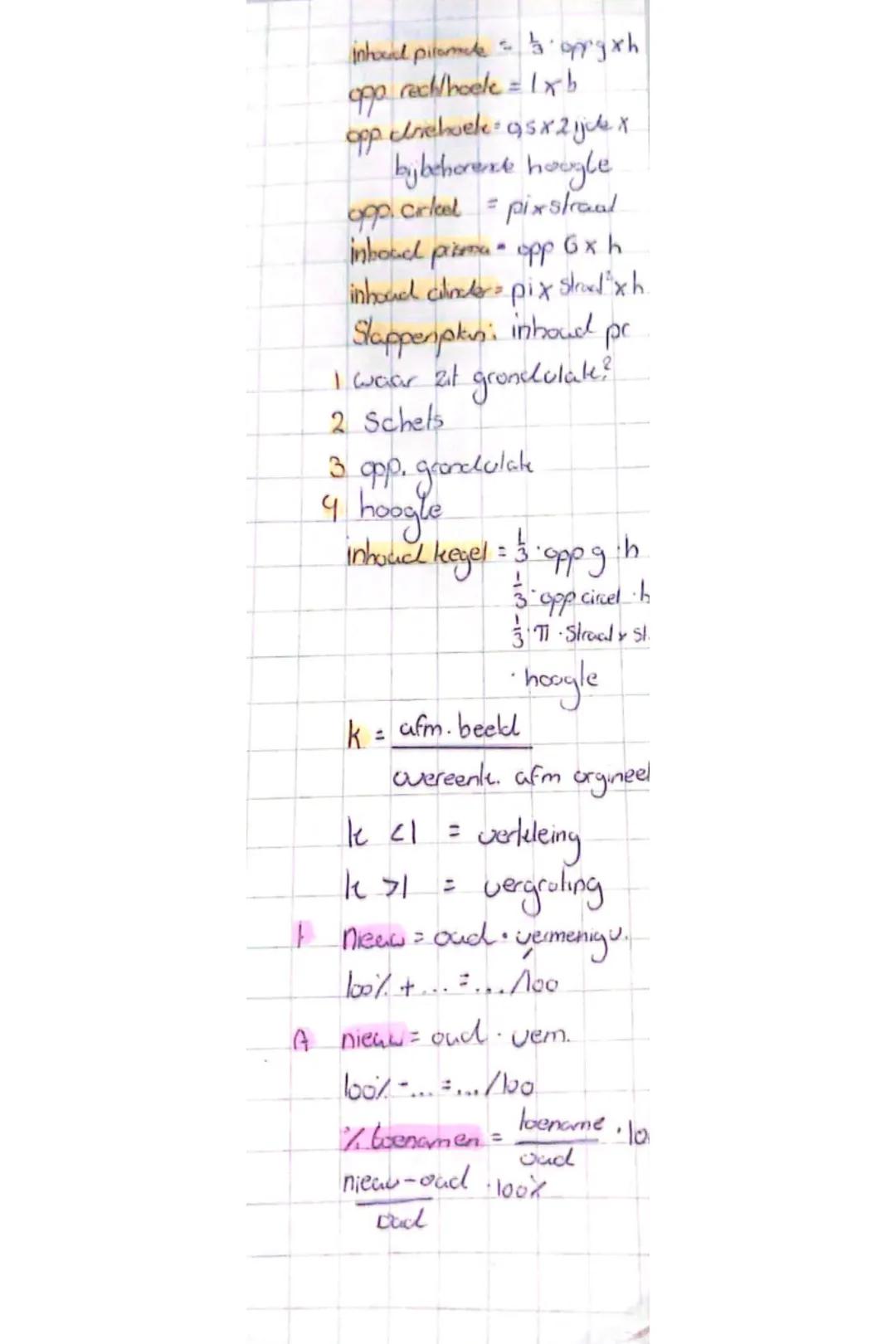inhocal pilormade = $ frac{1}{3}$ oppgxh
opp rechthoele = 1xb
opp driehoek = $ frac{1}{2}$ x 2 zijde x
bijbehorende hoogte
opp. cirkel = $ f