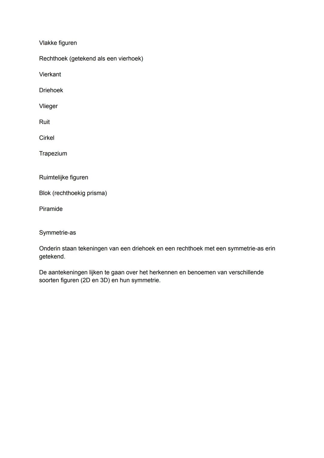 Vlakke figuren
Rechthoek (getekend als een vierhoek)
Vierkant
Driehoek
Vlieger
Ruit
Cirkel
Trapezium
Ruimtelijke figuren
Blok (rechthoekig p