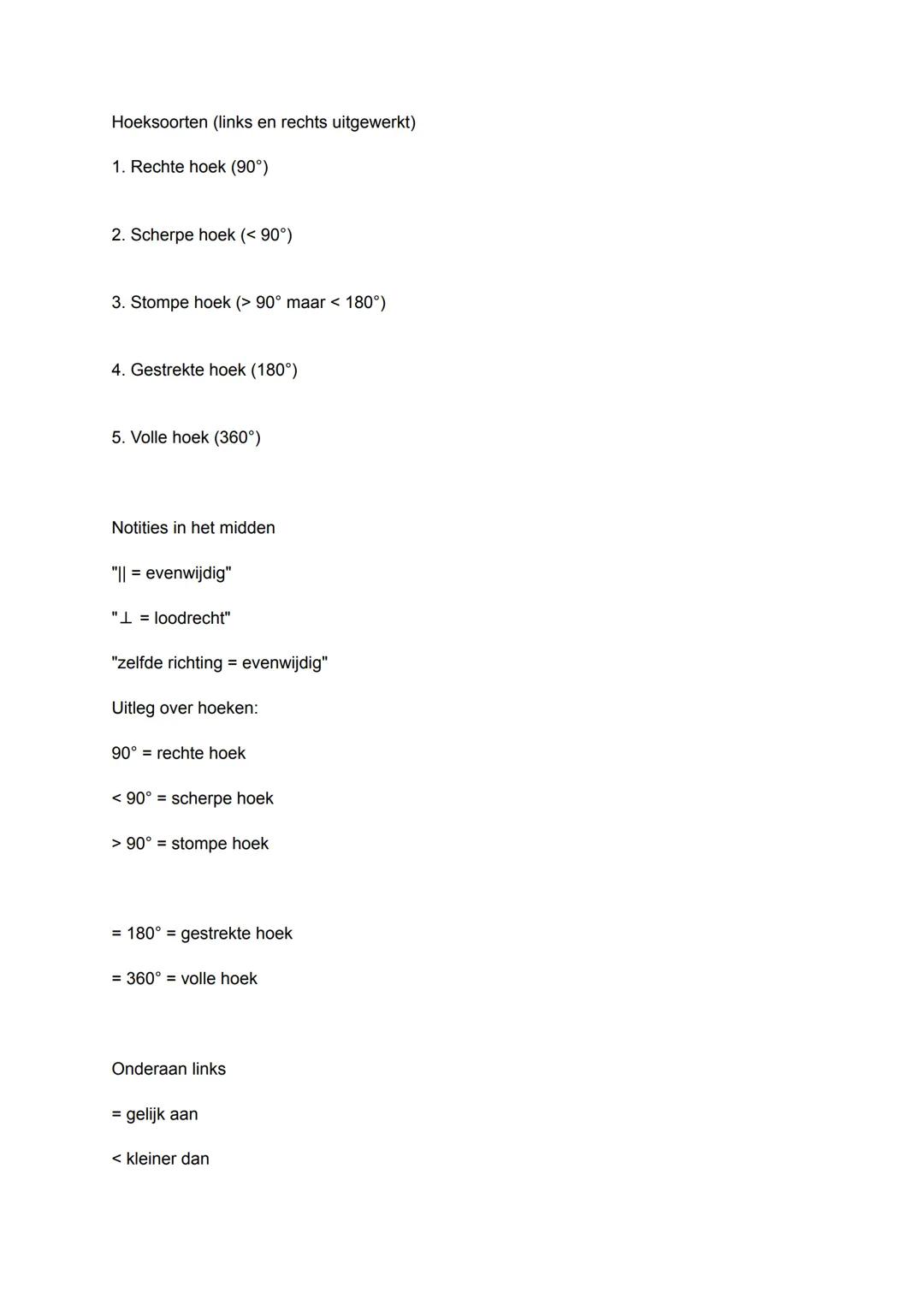 Hoeksoorten (links en rechts uitgewerkt)
1. Rechte hoek (90°)
2. Scherpe hoek (< 90°)
3. Stompe hoek (> 90° maar < 180°)
4. Gestrekte hoek (