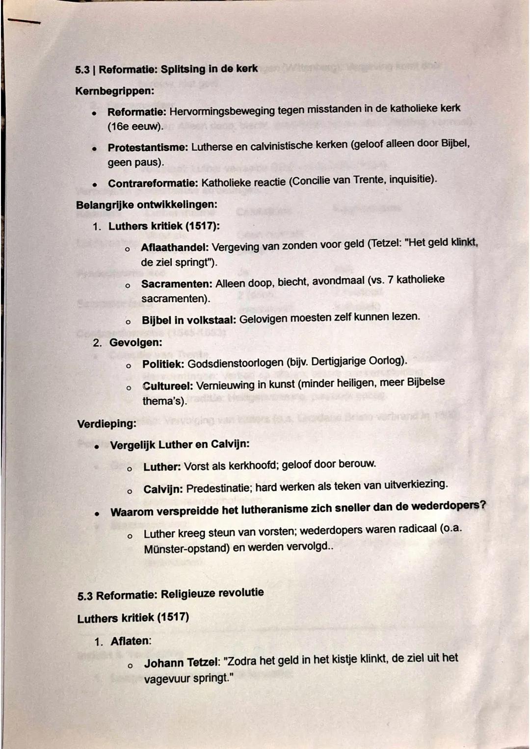 5.3 | Reformatie: Splitsing in de kerk
Kernbegrippen:
- Reformatie: Hervormingsbeweging tegen misstanden in de katholieke kerk
(16e eeuw).
-