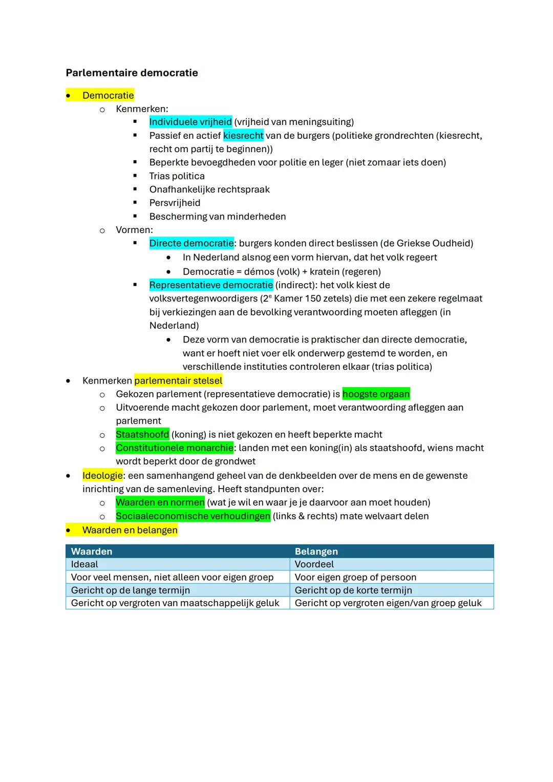 Parlementaire democratie
Democratie
Kenmerken:
- Individuele vrijheid (vrijheid van meningsuiting)
- Passief en actief kiesrecht van de bu