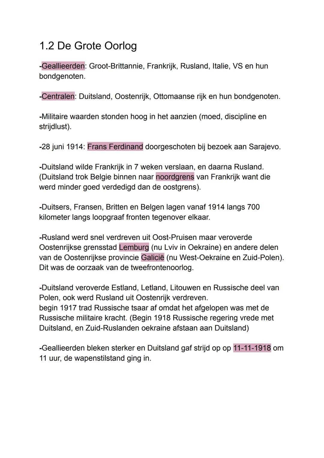 1.2 De Grote Oorlog
-Geallieerden: Groot-Brittannie, Frankrijk, Rusland, Italie, VS en hun
bondgenoten.
-Centralen: Duitsland, Oostenrijk, O
