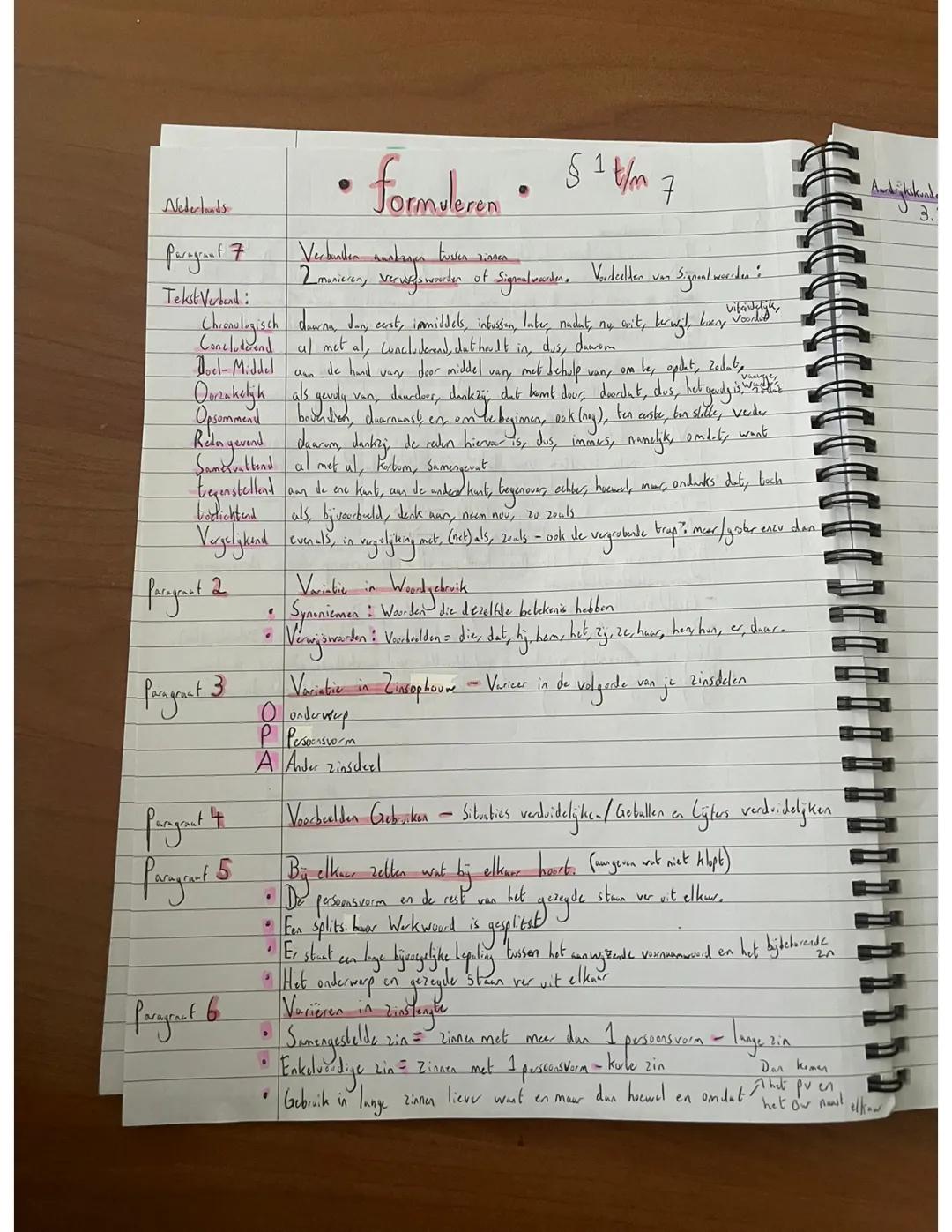 ## Nederlands
**• formuleren • §1 t/m 7**
**Paragraaf 7**
**Tekst Verband:**
*Verbanden aanbega tussen zinnen*
*2 manieren, weergevers wo