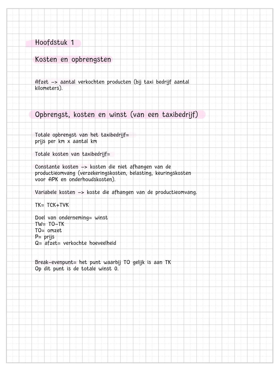 Hoofdstuk 1
Kosten en opbrengsten
Afzet -> aantal verkochten producten (bij taxi bedrijf aantal
kilometers).
Opbrengst, kosten en winst (van