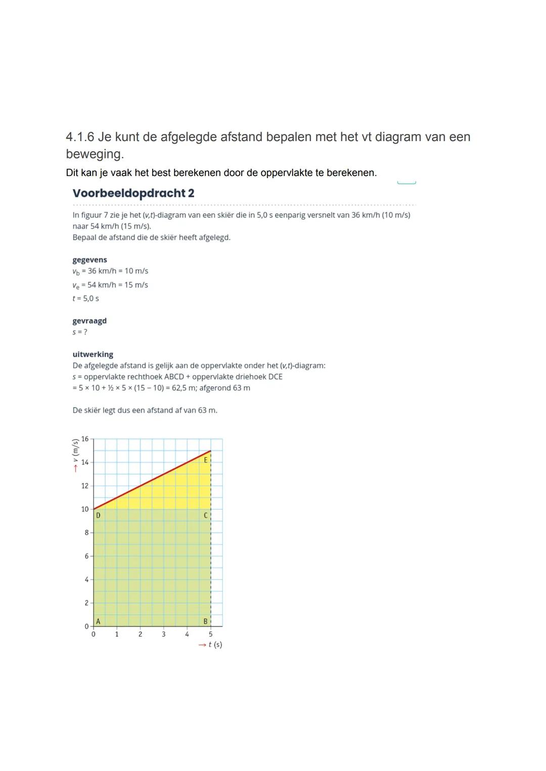 4.1 Versnellen en vertragen
4.1.1 je kunt een beweging vastleggen in een (v,t) diagram en in een
(x,t) diagram.
Bij een (v,t) diagram wordt