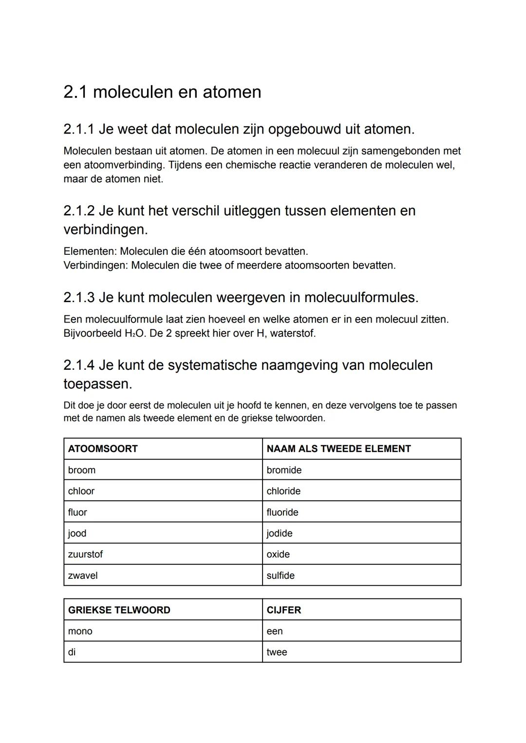 2.1 moleculen en atomen
2.1.1 Je weet dat moleculen zijn opgebouwd uit atomen.
Moleculen bestaan uit atomen. De atomen in een molecuul zijn