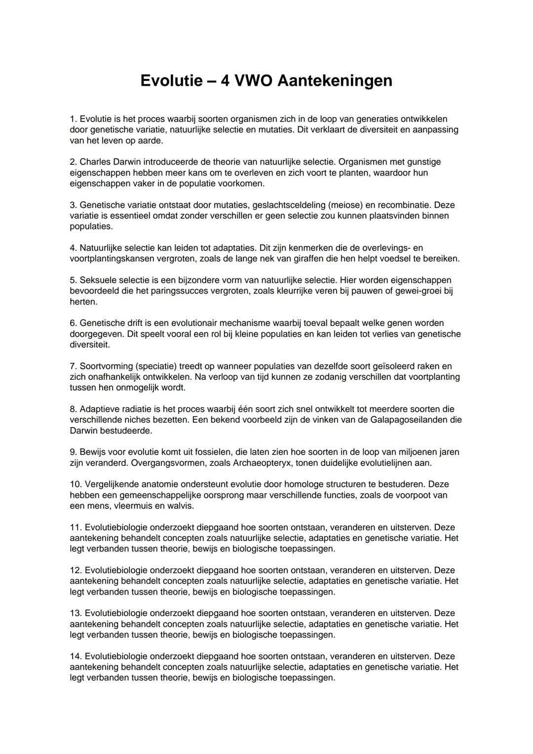 Biologie evolutie Aantekeningen 4 vwo