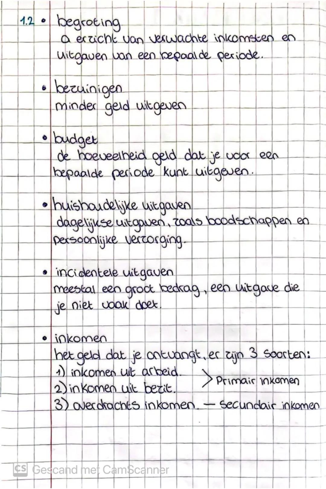 1.2.
* begroting
een overzicht van verwachte inkomsten en
uitgaven van een bepaalde periode.
* bezuinigen
minder geld uitgeven
* budget
d