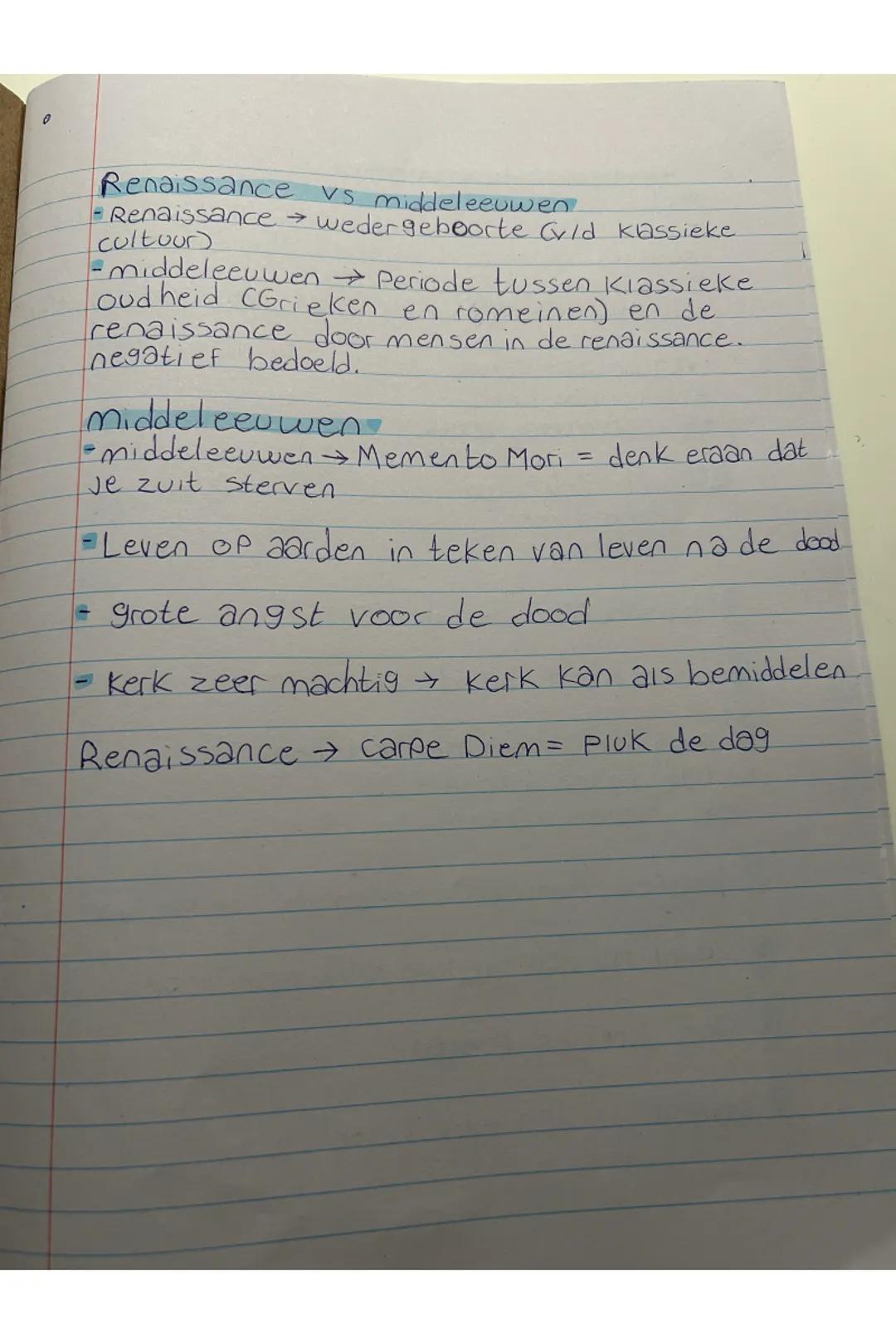 ## Renaissance vs middeleeuwen
- Renaissance → wedergeboorte (v/d klassieke cultuur)
- middeleeuwen → Periode tussen (klassieke oudheid (Gri