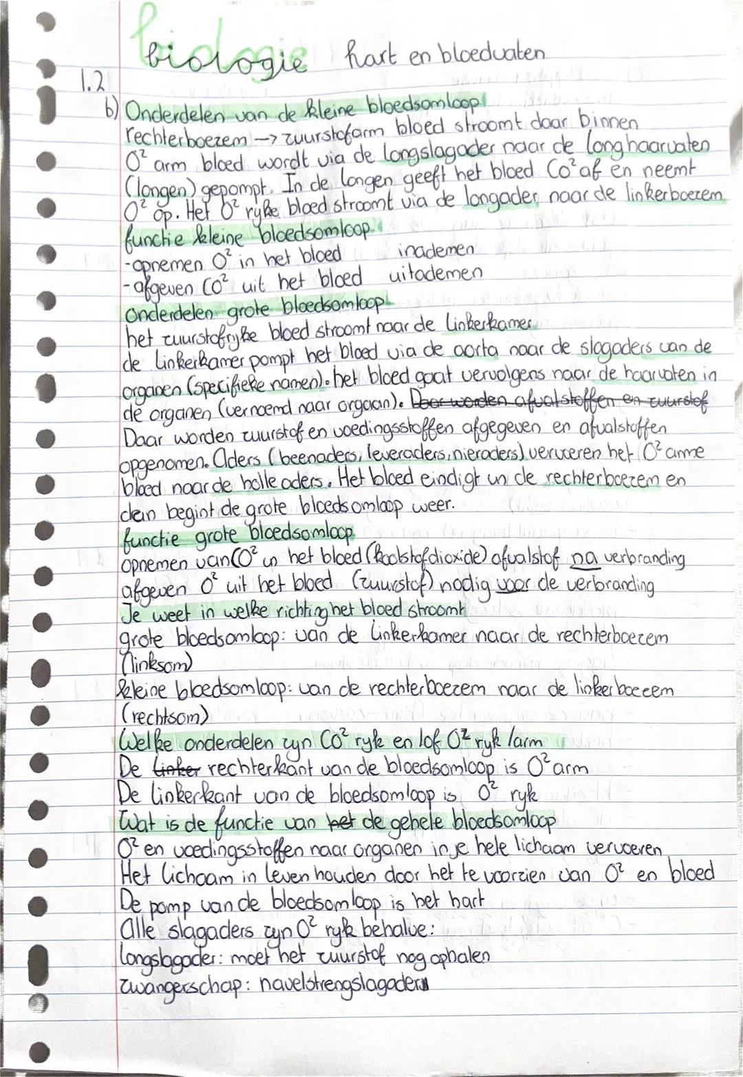 1.2
biologie hart en bloedvaten
b) Onderdelen van de kleine bloedsomloop!
rechterboezem
zuurstofarm bloed stroomt daar binnen
O arm bloed wo