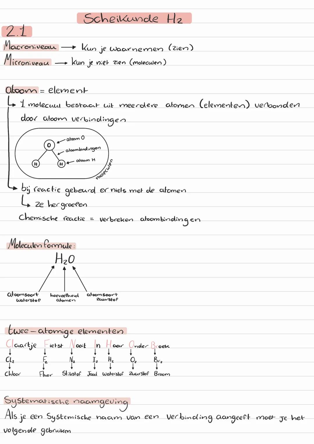 # Scheikunde H₂
2.1
Macroniveau → Kun je waarnemen (zien)
Microniveau → kun je niet zien (moleculen)
atoom = element
- 1 molecuul bestaat