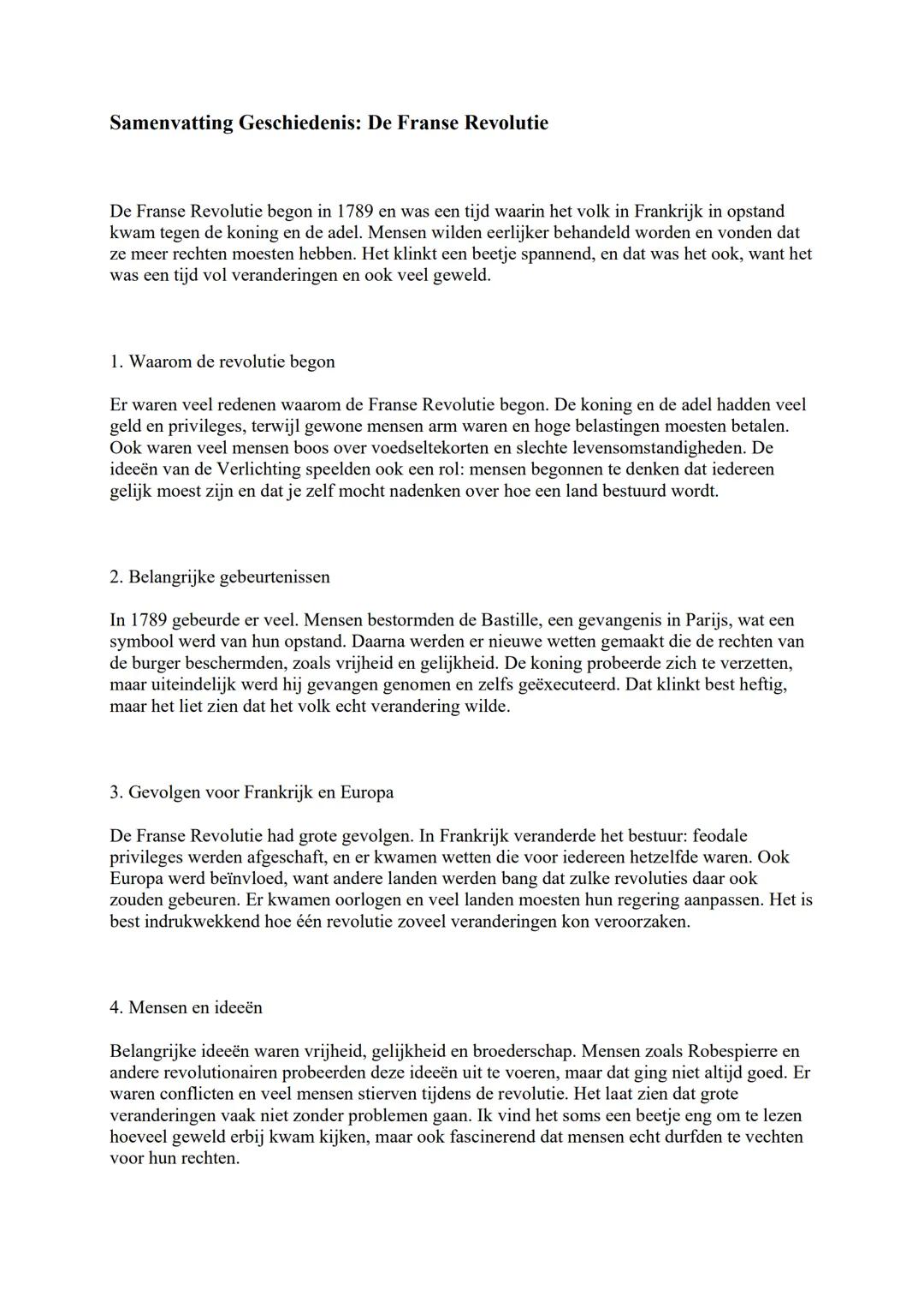 # Samenvatting Geschiedenis: De Franse Revolutie
De Franse Revolutie begon in 1789 en was een tijd waarin het volk in Frankrijk in opstand