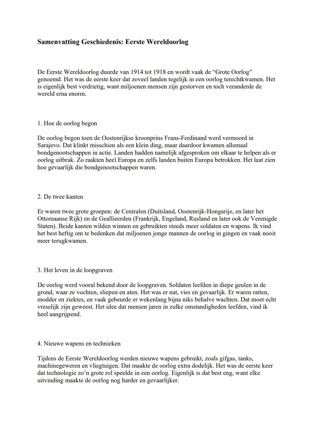 # Samenvatting Geschiedenis: Eerste Wereldoorlog
De Eerste Wereldoorlog duurde van 1914 tot 1918 en wordt vaak de "Grote Oorlog"
genoemd. H
