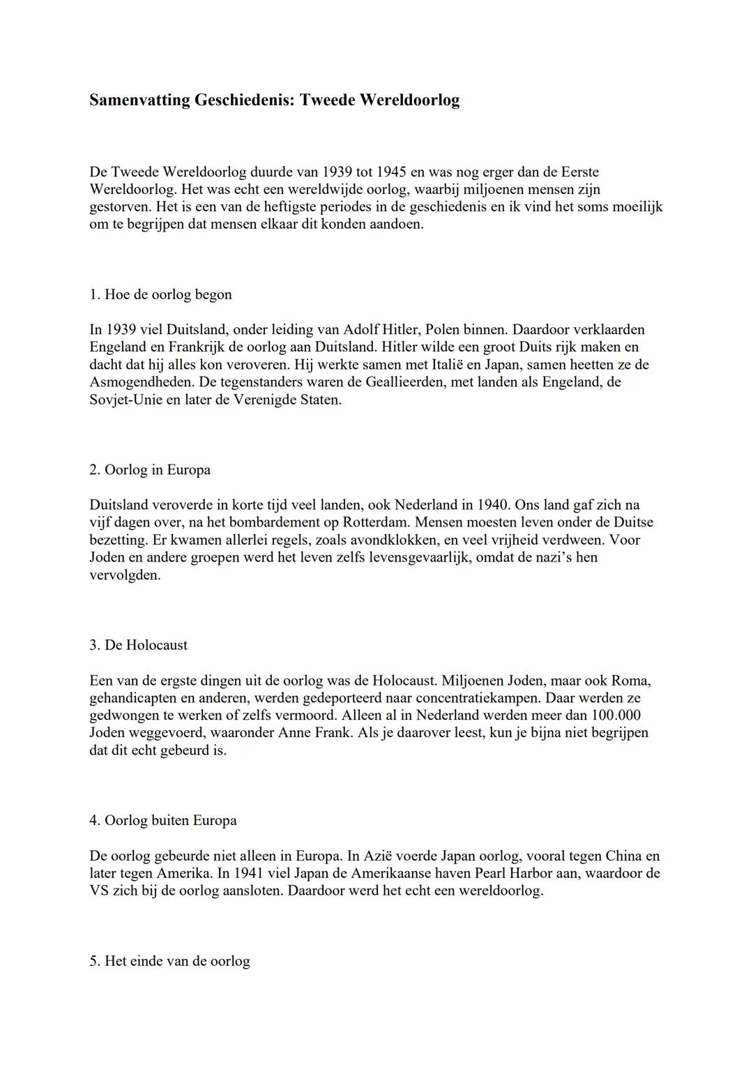 # Samenvatting Geschiedenis: Tweede Wereldoorlog
De Tweede Wereldoorlog duurde van 1939 tot 1945 en was nog erger dan de Eerste
Wereldoorlo