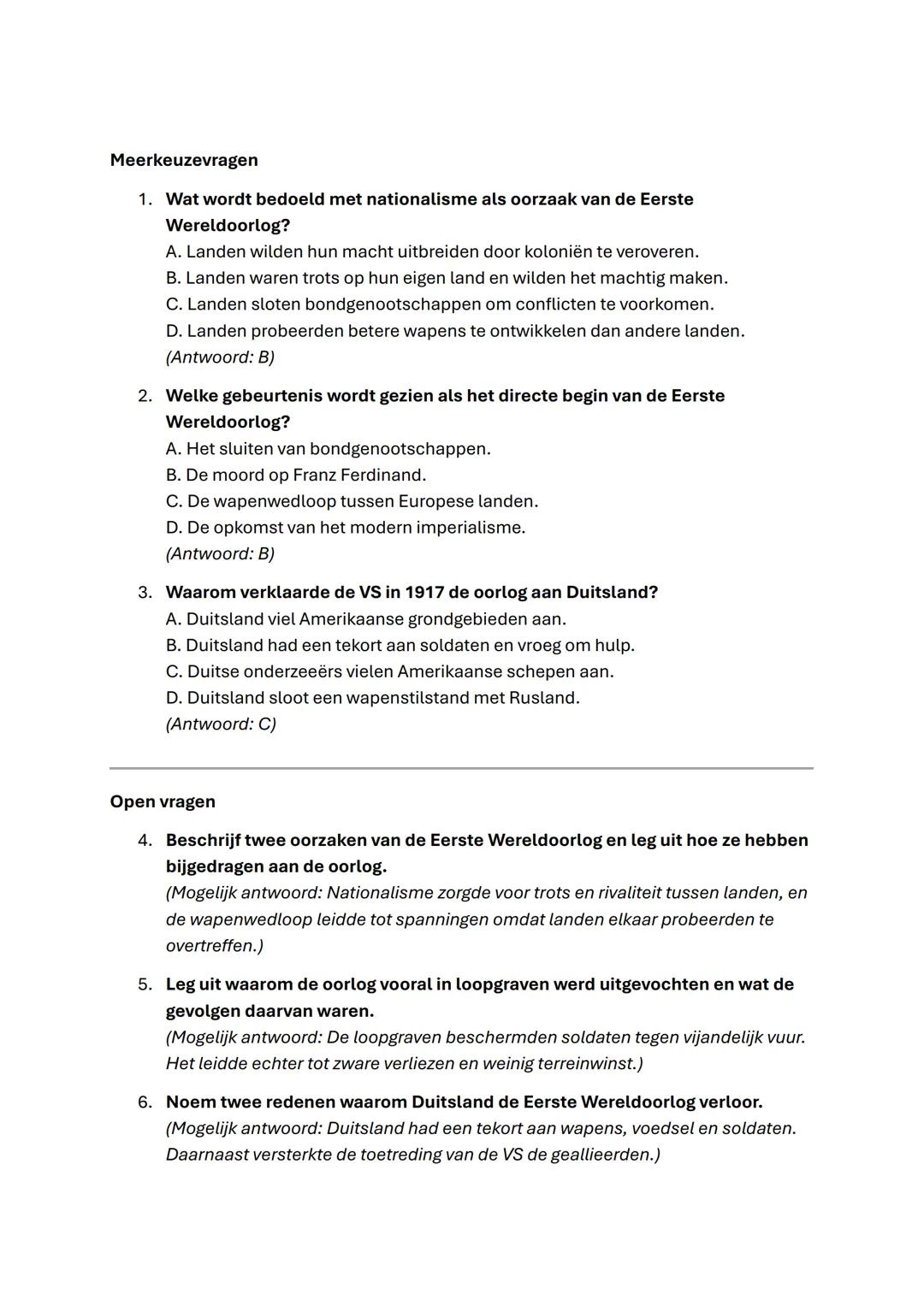 # 1 De Eerste Wereldoorlog (1914-1918)
Oorzaken van de Eerste Wereldoorlog:
1. Nationalisme: Landen waren erg trots op hun eigen land en