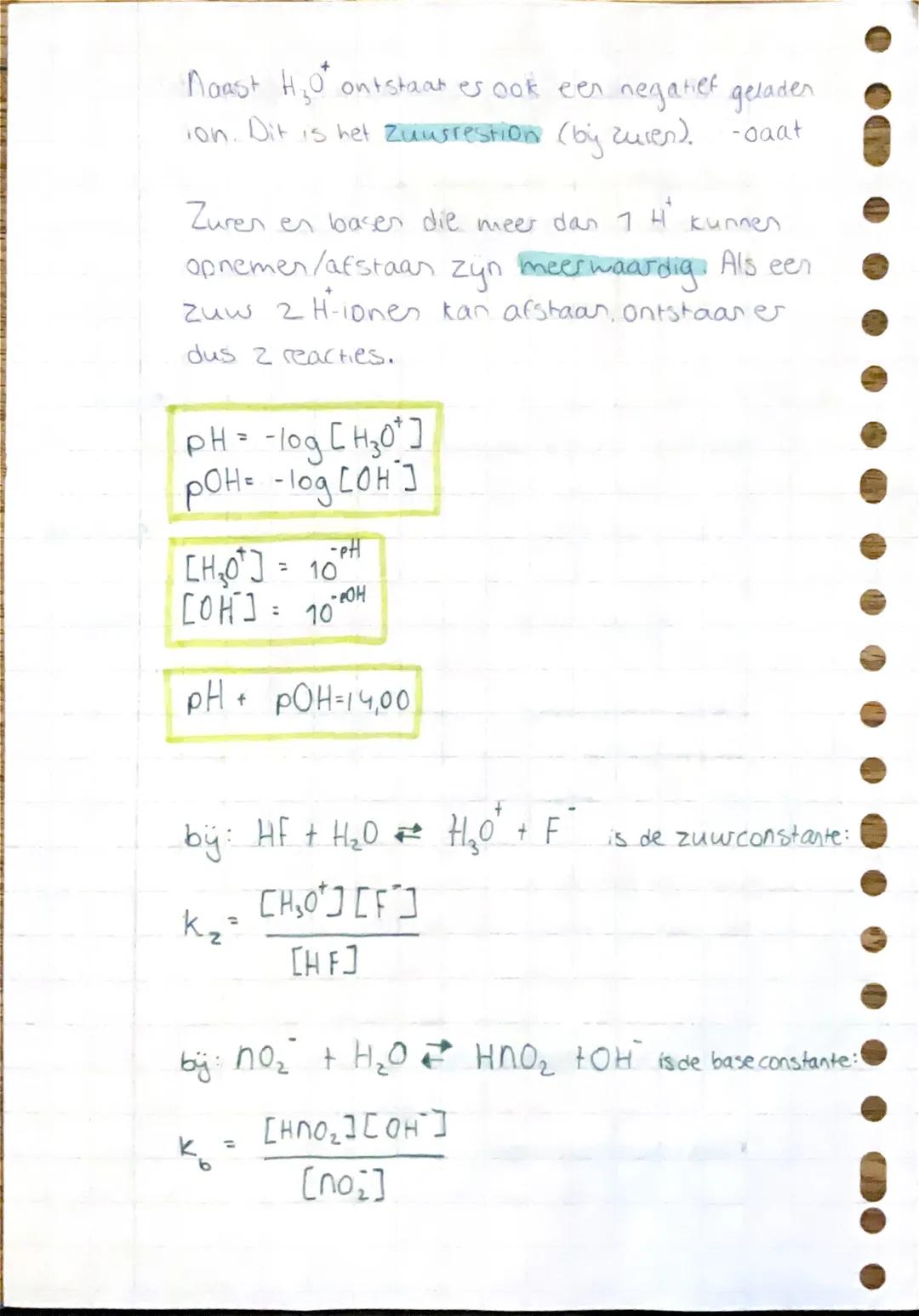 Hoofdstuk 8 +9 + herhaling belangrijke stof
aantal mol= massa (g)/M
concentratie = mol/V
c₁⋅v₁ = c₂⋅v₂
massagetal = p+n
•Als de pH lage