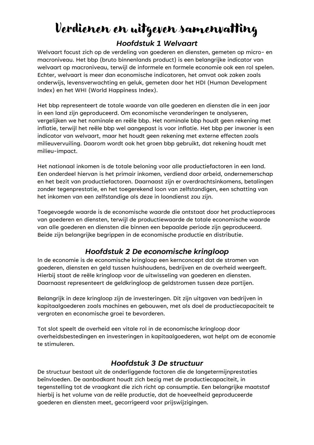 # Verdienen en uitgeven samenvatting
## Hoofdstuk 1 Welvaart
Welvaart focust zich op de verdeling van goederen en diensten, gemeten op mic
