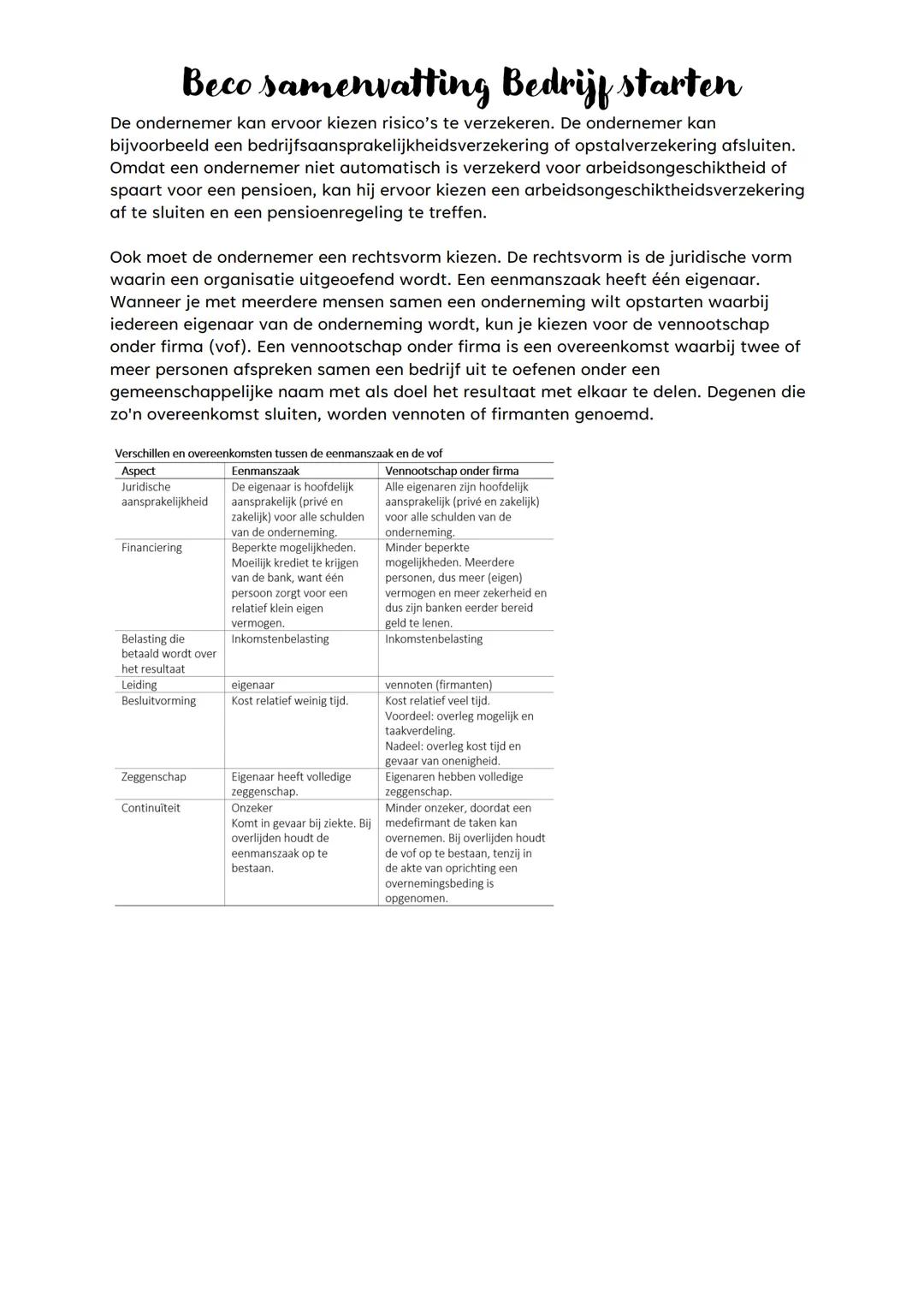 # Beco samenvatting Bedrijf starten
## Hoofdstuk 1 De oprichting van een onderneming
Je kunt ervoor kiezen in loondienst te gaan werken bi