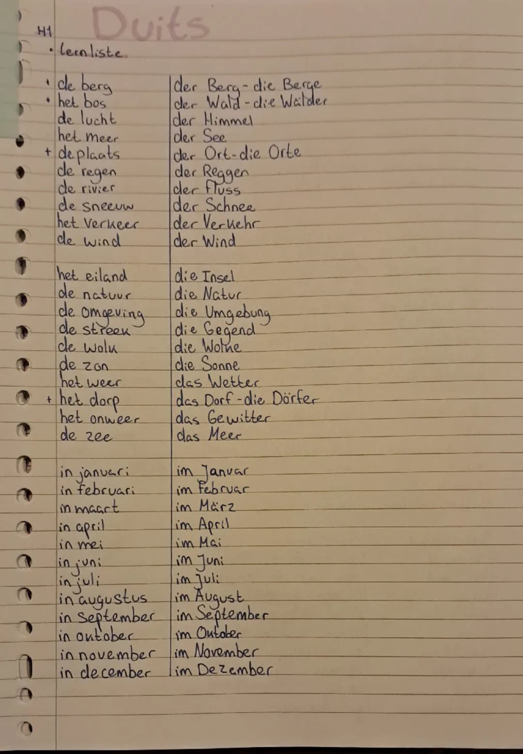 # H1
# Duits
- Lern liste
- de berg | der Berg-die Berge
- het bos | der Wald-die Wälder
- de lucht | der Himmel
- het meer | der See
- + de