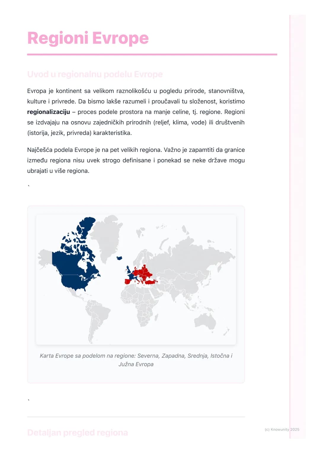 # Regioni Evrope
Uvod u regionalnu podelu Evrope
Evropa je kontinent sa velikom raznolikošću u pogledu prirode, stanovništva,
kulture i pr