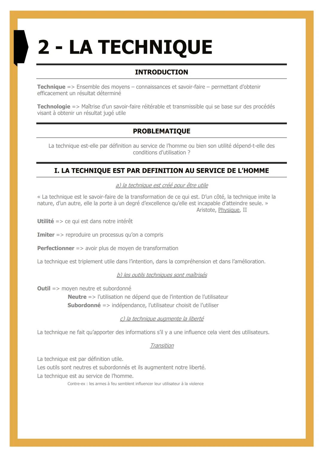2 - LA TECHNIQUE
INTRODUCTION
Technique => Ensemble des moyens - connaissances et savoir-faire - permettant d'obtenir
efficacement un résu