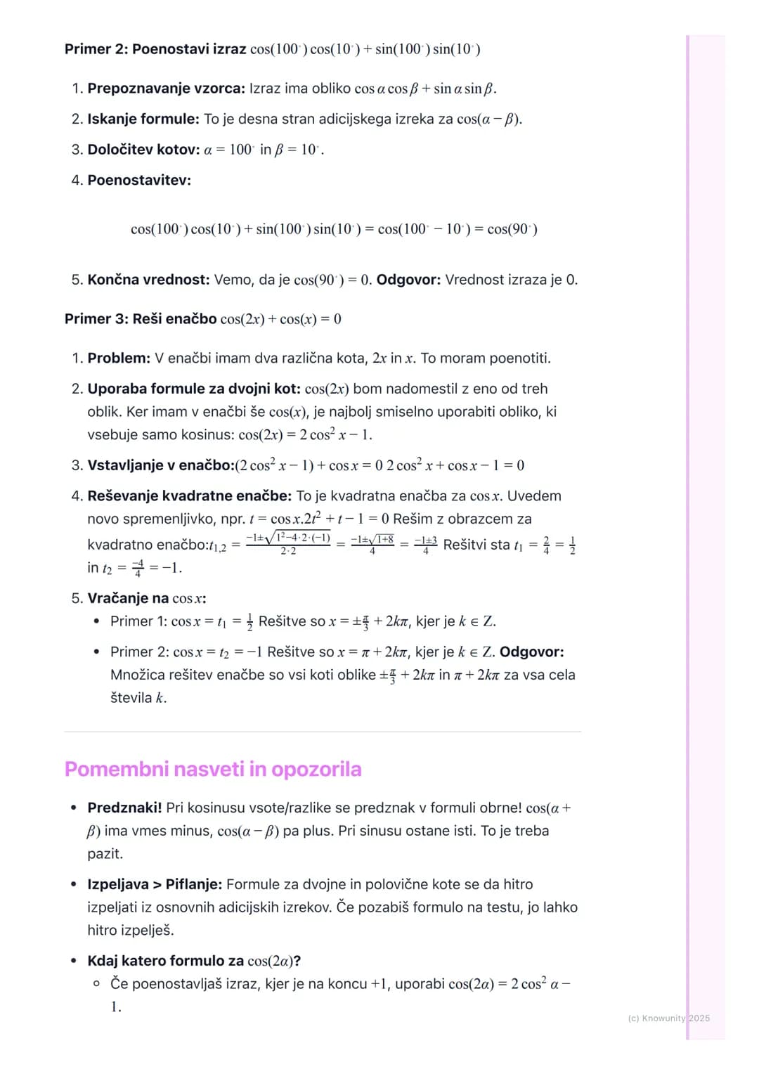 # Adicijski izreki in formule
Uvod v adicijske izreke
Adicijski izreki so formule v trigonometriji, ki nam omogočajo izračunati
vrednosti