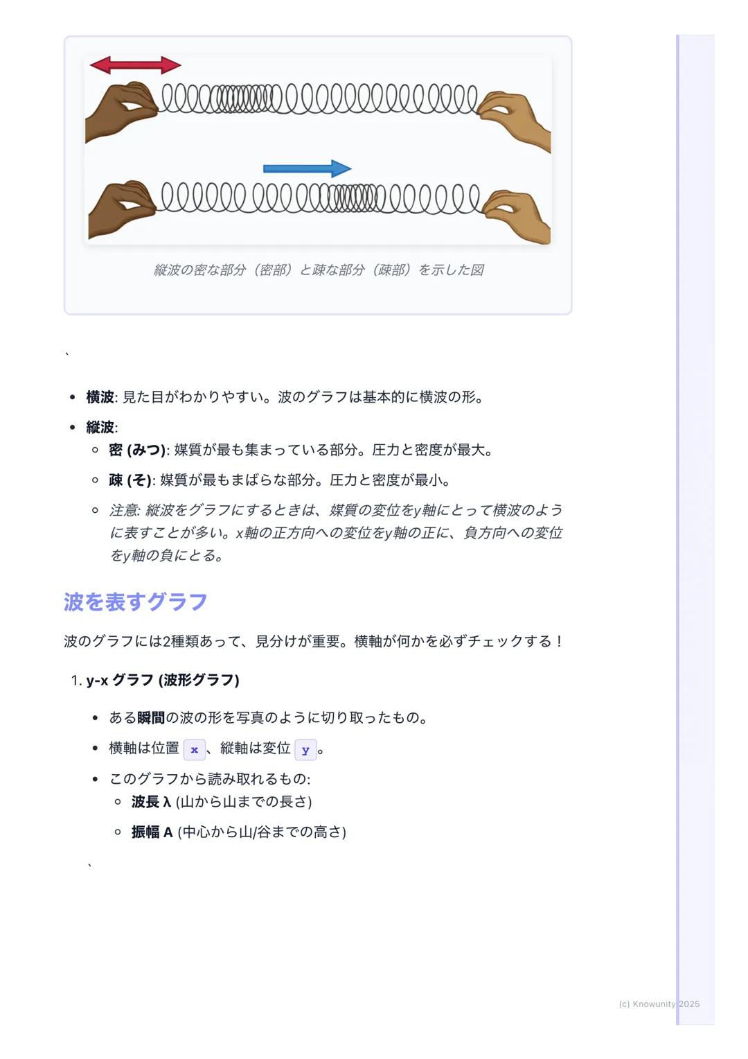 # 波の基本
波の基本の概要
波は、ある場所で生じた振動が、次々とまわりの媒質に伝わっていく現象のこ
と。重要:エネルギーは伝わるけど、媒質そのものは移動しない。その場で振動
するだけ。(例: 海の波で、浮き輪が上下に揺れるだけで流されていかないの
と同じ)
音、光、地震の波