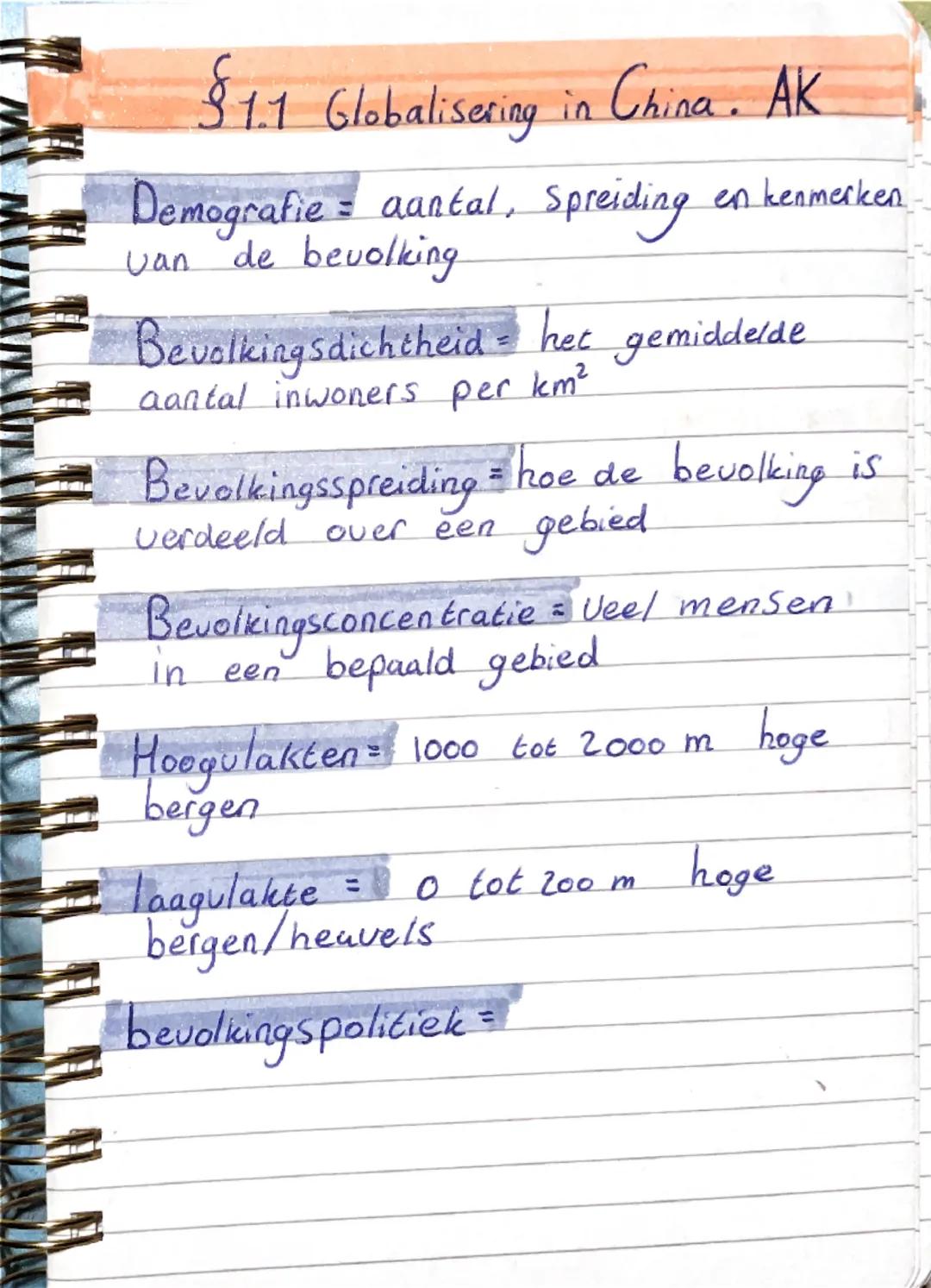# §1.1 Globalisering in China. Ak
Demografie = aantal, Spreiding en kenmerken.
Van de bevolking
Bevolkingsdichtheid = het gemiddelde
aanta