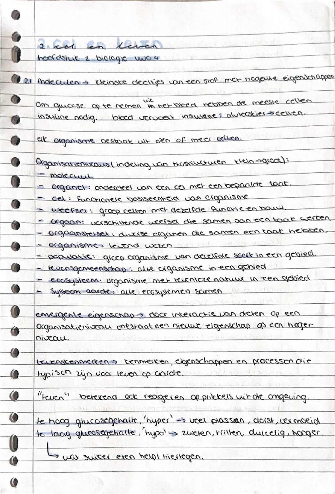 # 2. Cel en Leven
hoofdstuk 2 biologie vwo 4
## 2.1 Moleculen -> Kleinste deeltjes van een stof met nog nieuwe eigenschappen
om glucose op