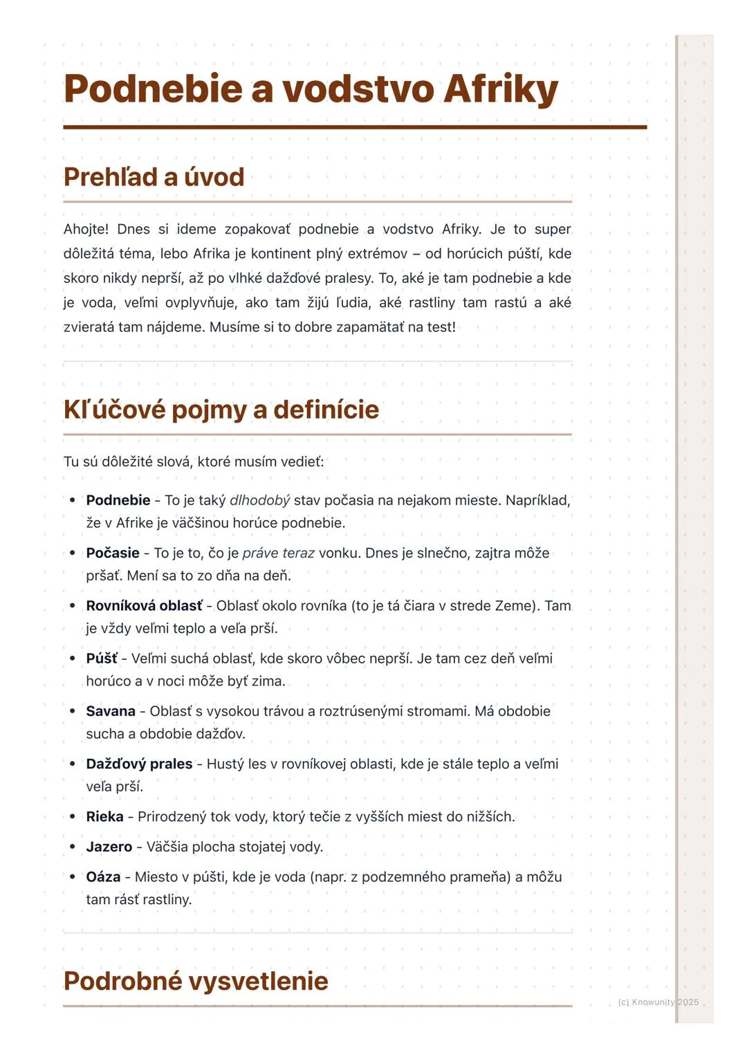 # Podnebie a vodstvo Afriky
Prehľad a úvod
Ahojte! Dnes si ideme zopakovať podnebie a vodstvo Afriky. Je to super
dôležitá téma, lebo Afri