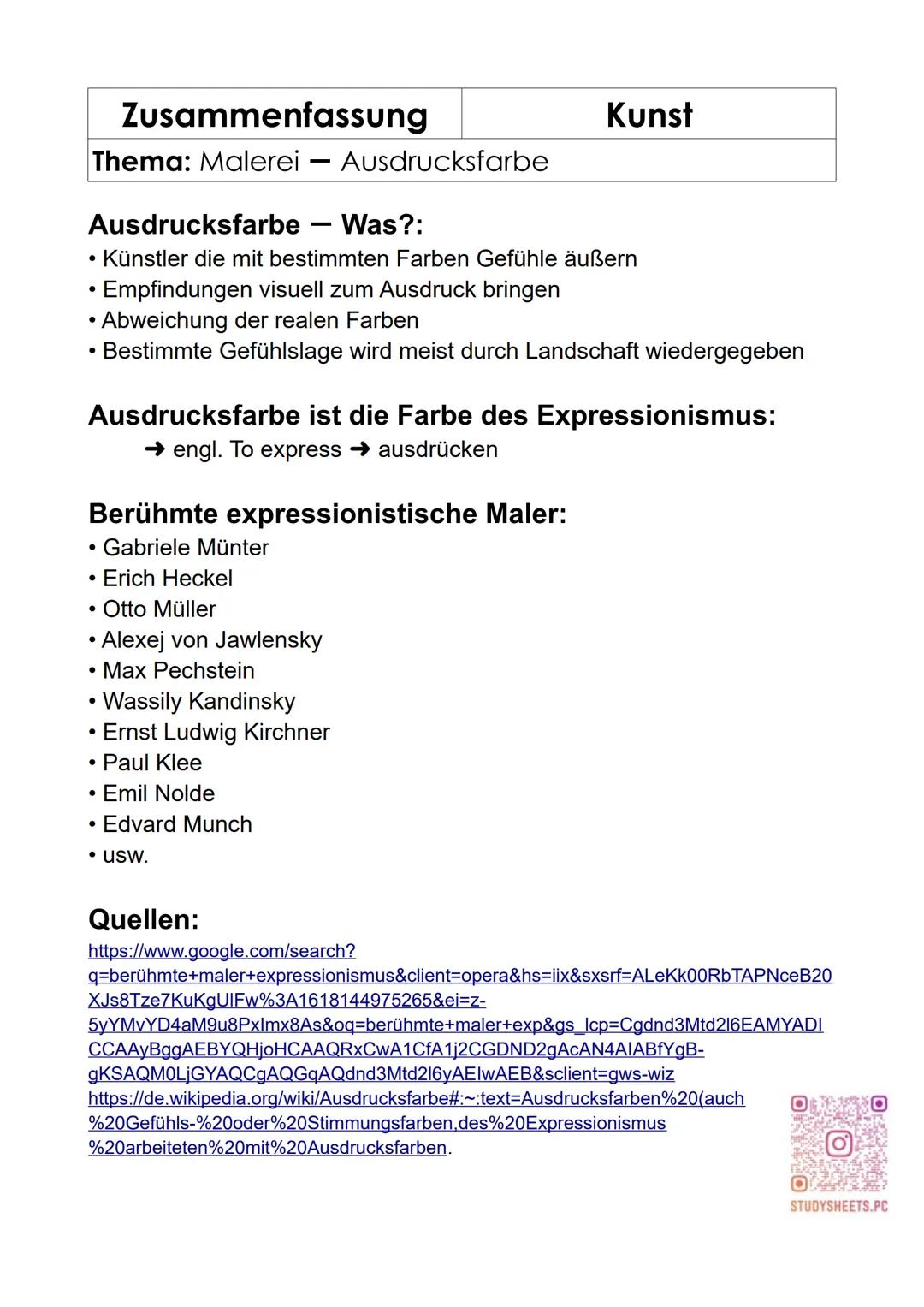 Zusammenfassung
Thema: Malerei - Ausdrucksfarbe
Kunst
Ausdrucksfarbe - Was?:
* Künstler die mit bestimmten Farben Gefühle äußern
* Empfi