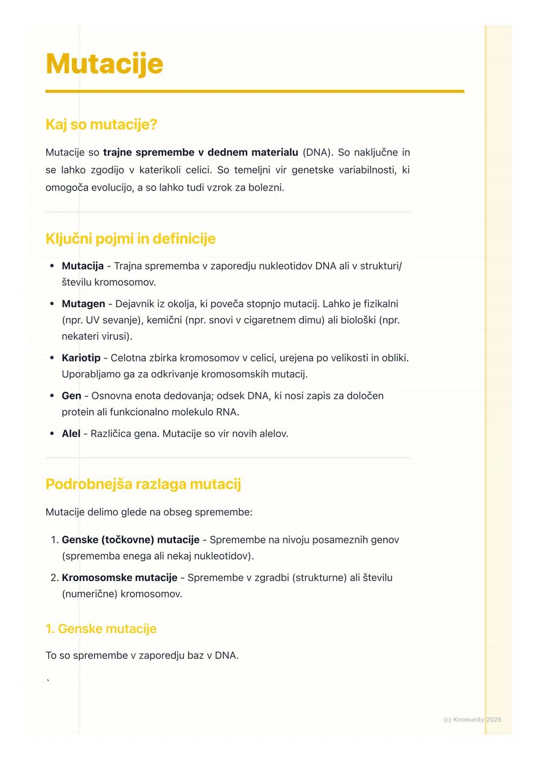 # Mutacije
Kaj so mutacije?
Mutacije so trajne spremembe v dednem materialu (DNA). So naključne in
se lahko zgodijo v katerikoli celici. S