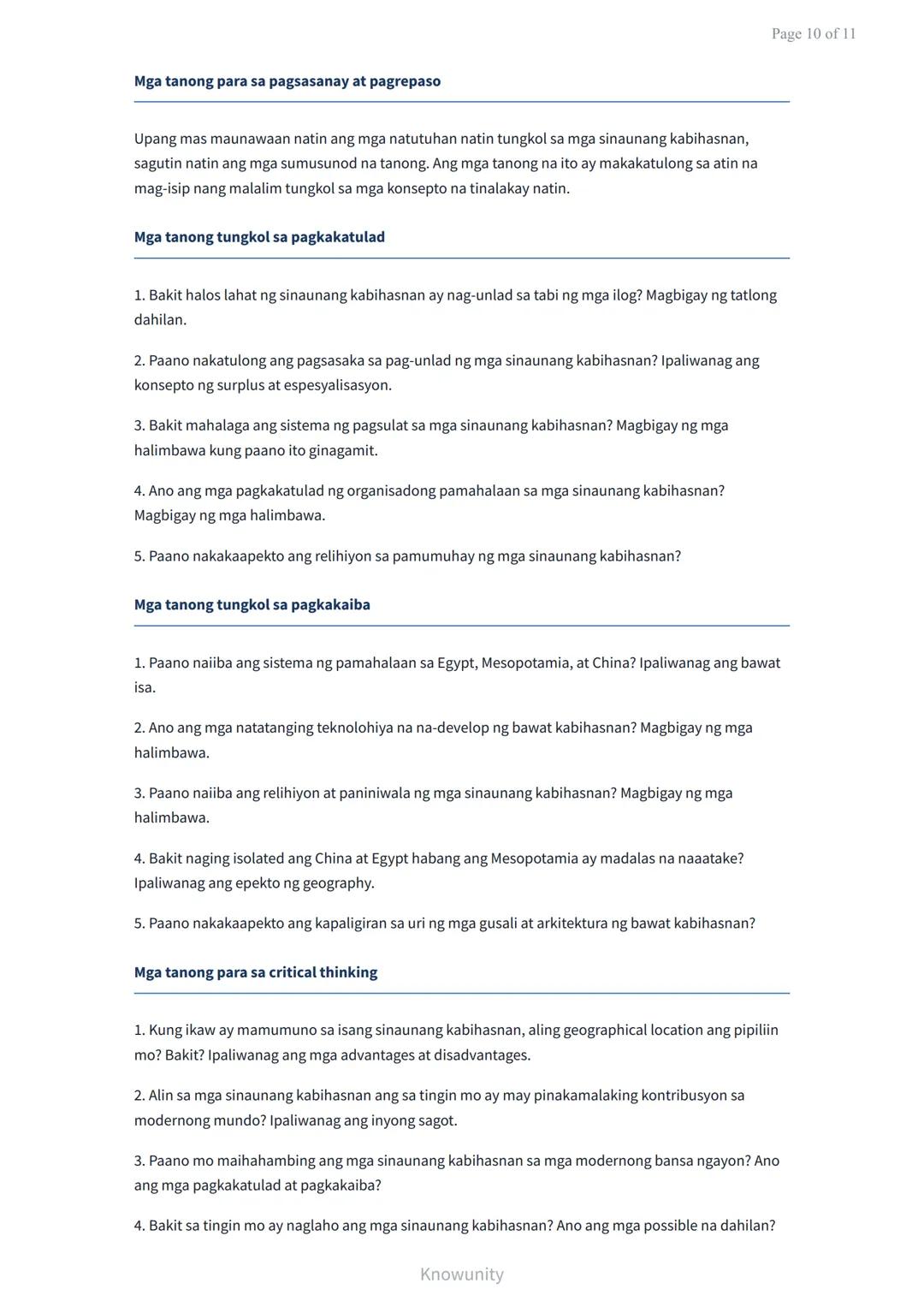 # Sinauang Kabihasnan ng Daigdig: Pagkakatulad at Pagkakaiba
Pag-aaral ng mga sinauang kabihasnan at kanilang mga katangian
## Mga Layunin