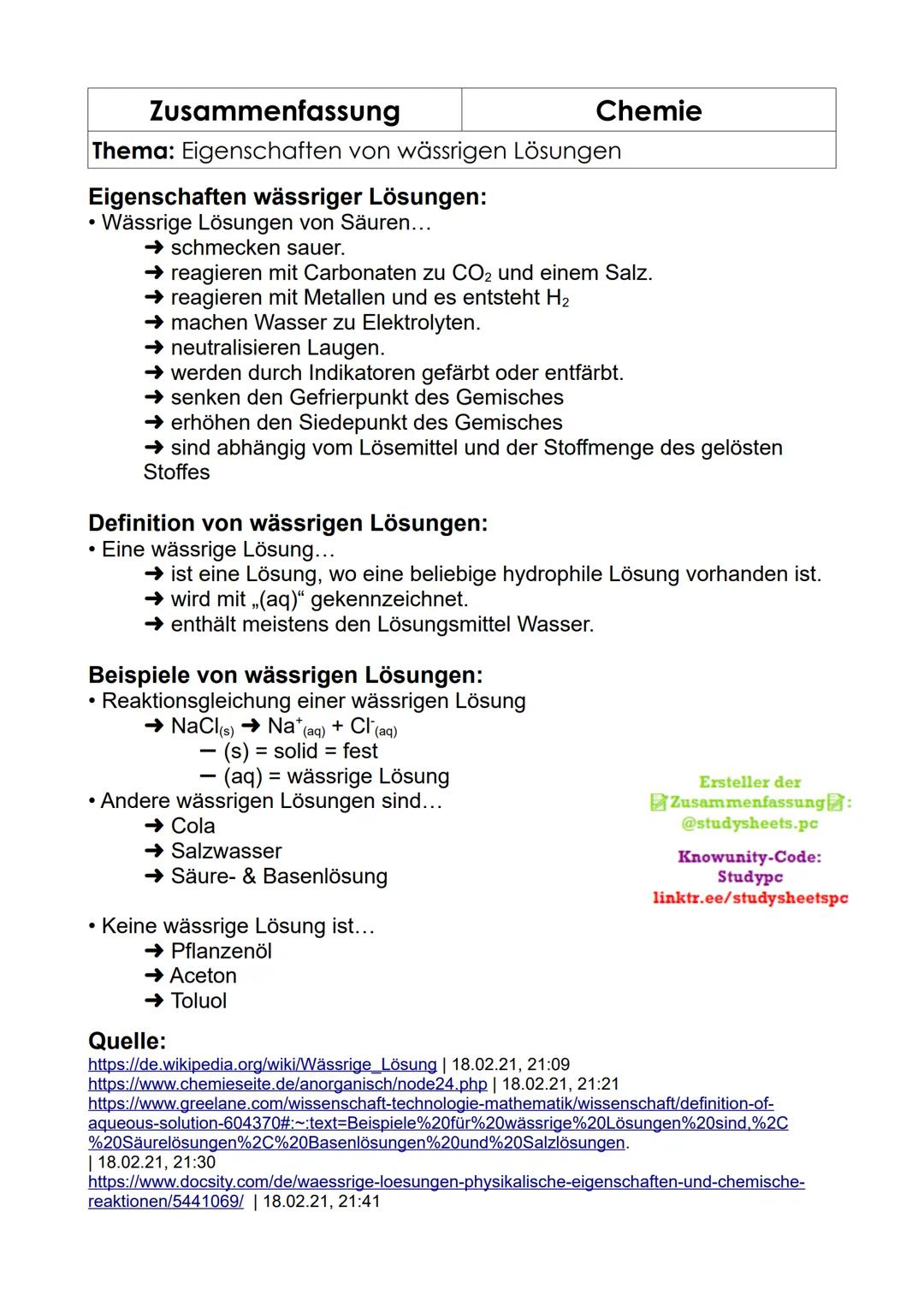 Zusammenfassung
Chemie
Thema: Eigenschaften von wässrigen Lösungen
Eigenschaften wässriger Lösungen:
• Wässrige Lösungen von Säuren...
→ sc